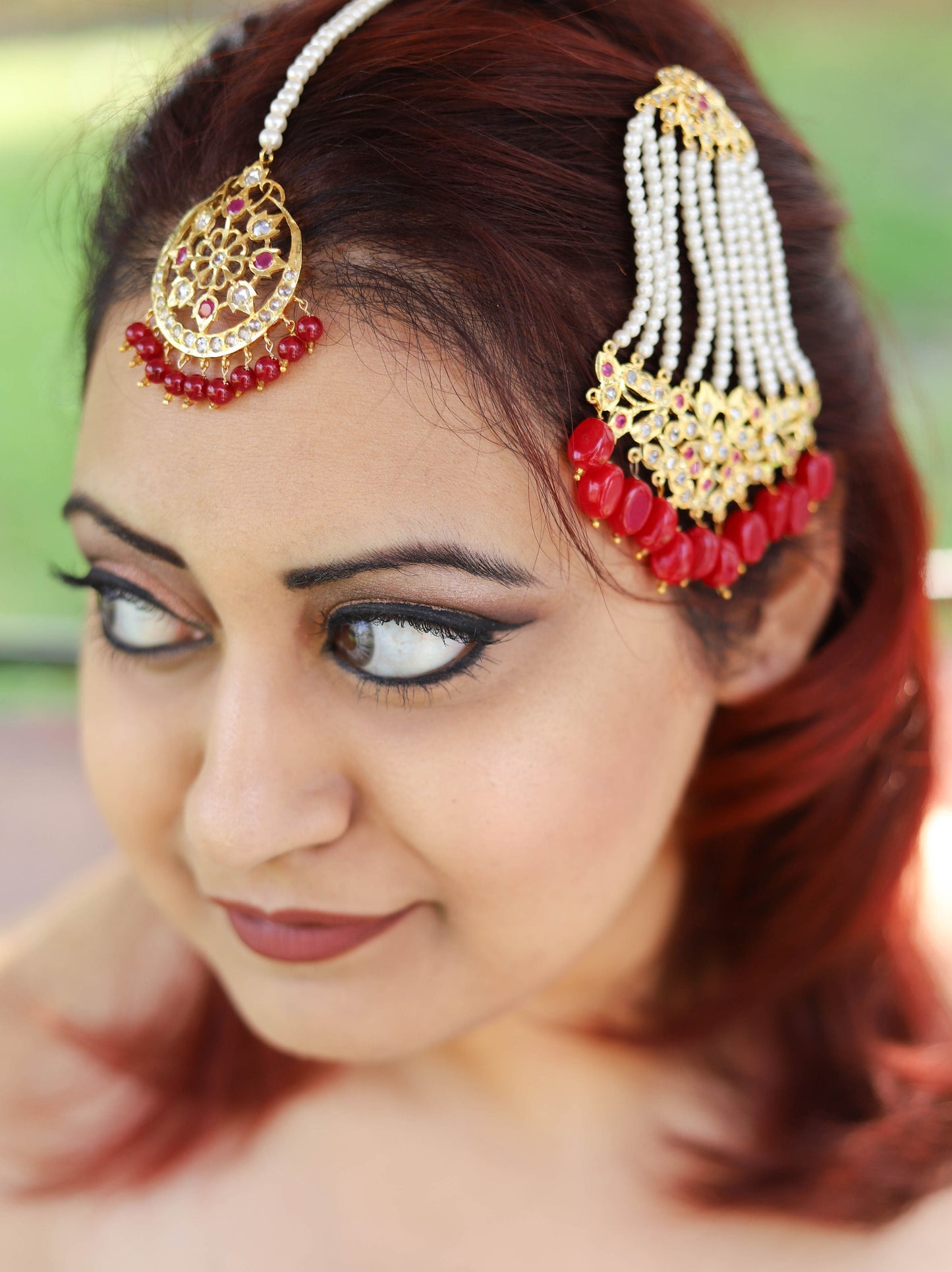 6 carat gold plated polki Hyderabadi tikka and jhoomar with red aveeze