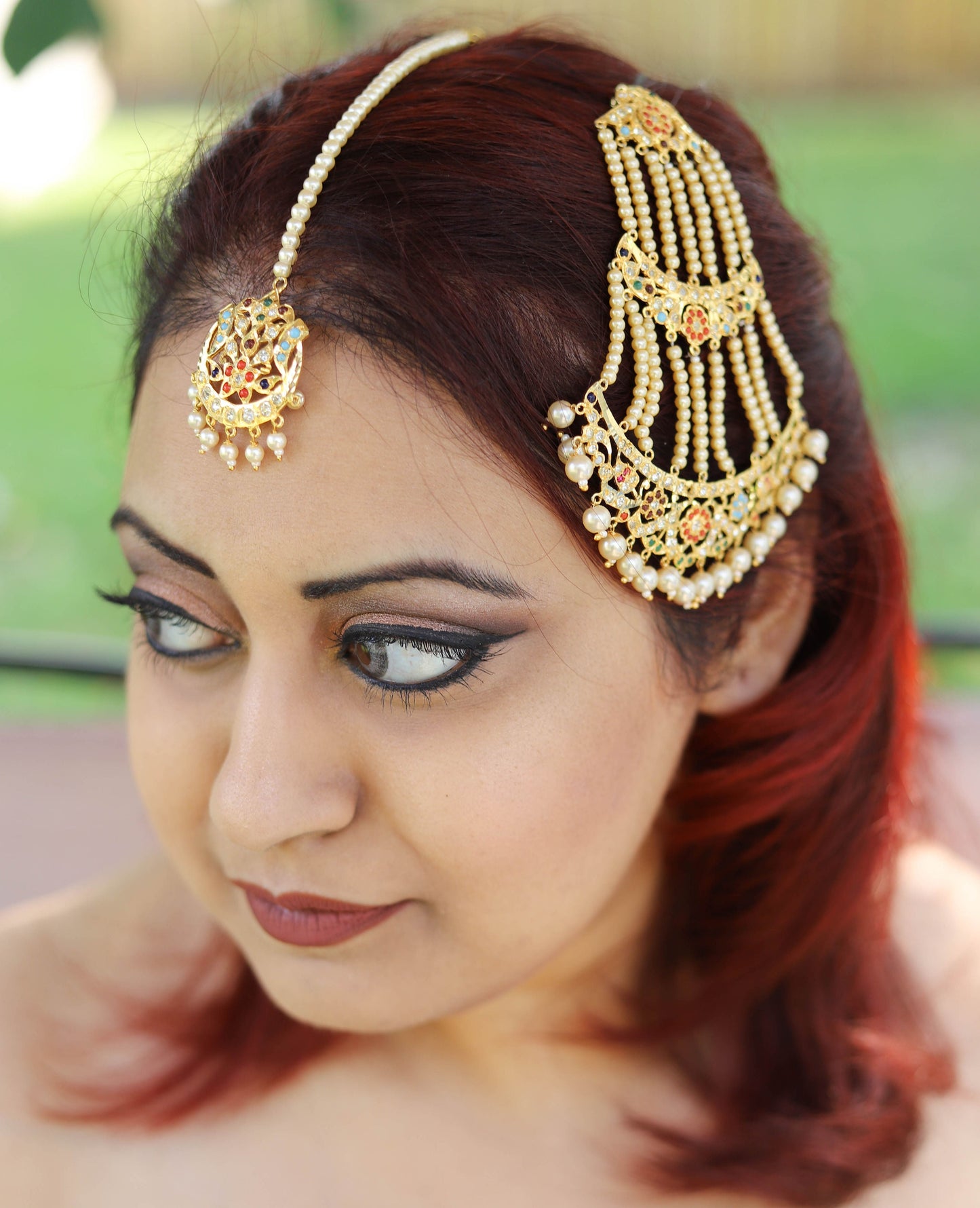 6 carat gold plated polki Hyderabadi tikka and jhoomar with multi colored semi precious stones and pearls