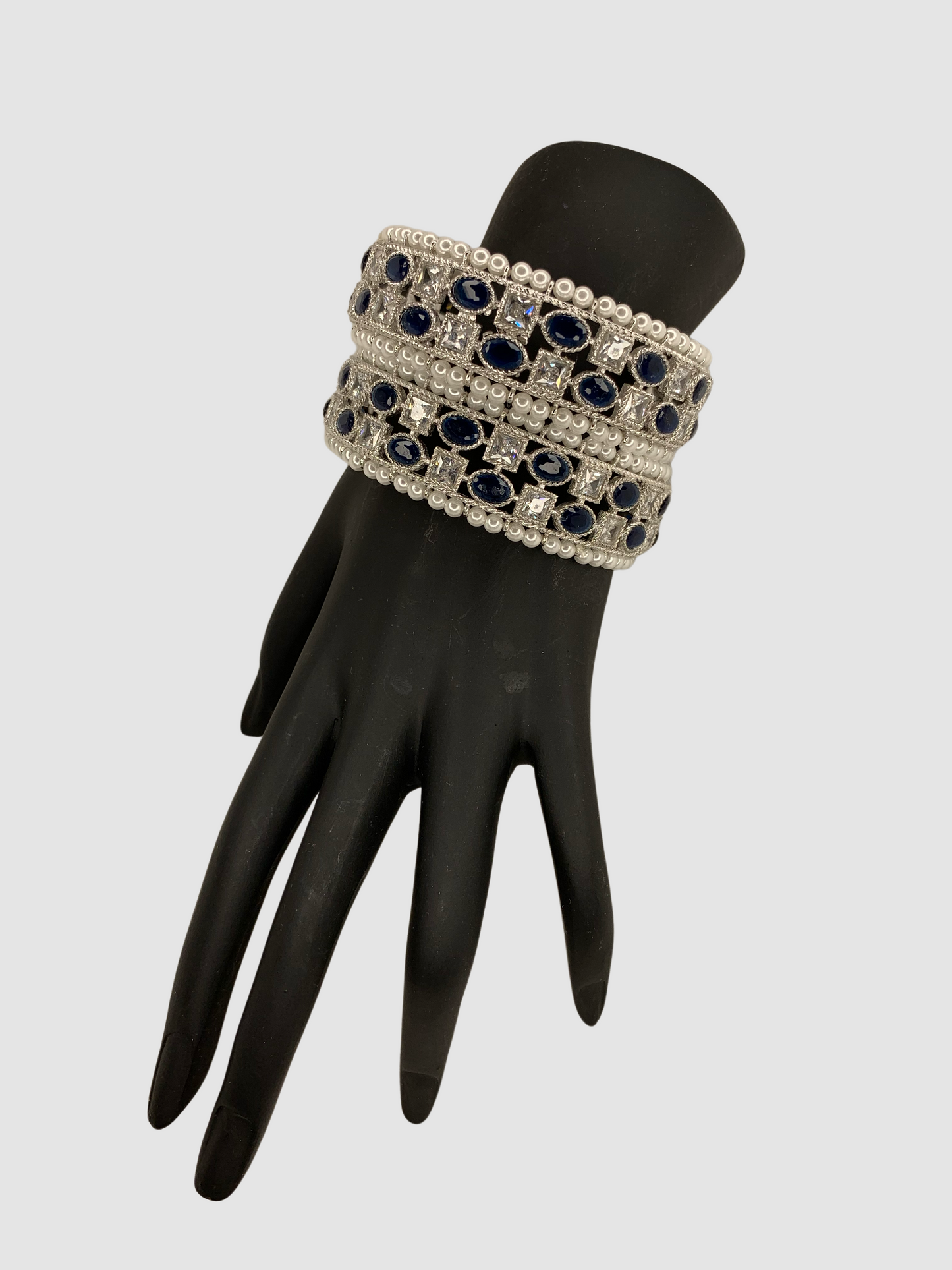 Silver White and Sapphire Blue with Pearls Kada