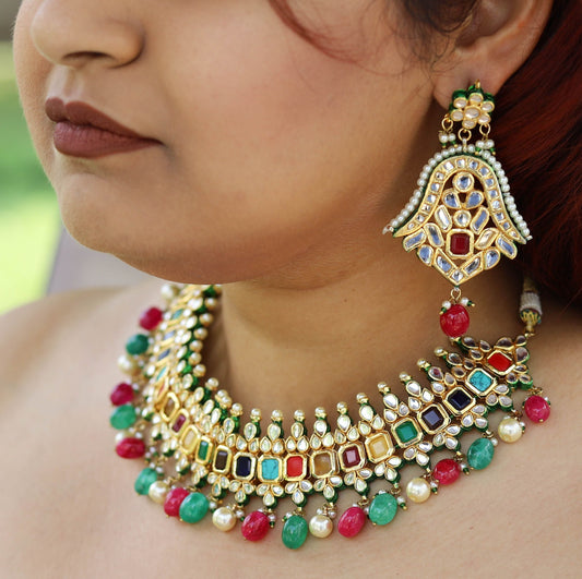 Kundan Multicolored Choker Necklace with Earrings